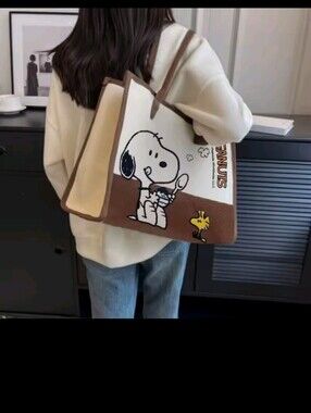 Canvas Snoopy Graphic Tote Bag - Brown & Cream